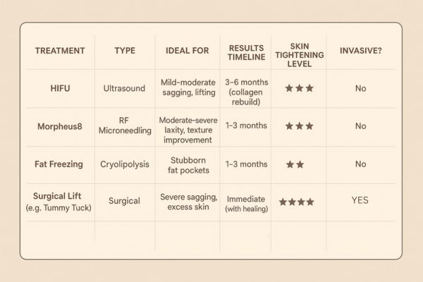 Table showing the comparisons of Skin tightening Greater London (Kingston upon Thames) treatment options.